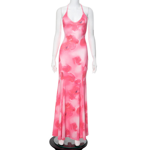 Printed backless suspender fish tail long dress