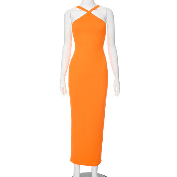 Hanging neck sleeveless high waist tight slit long dress