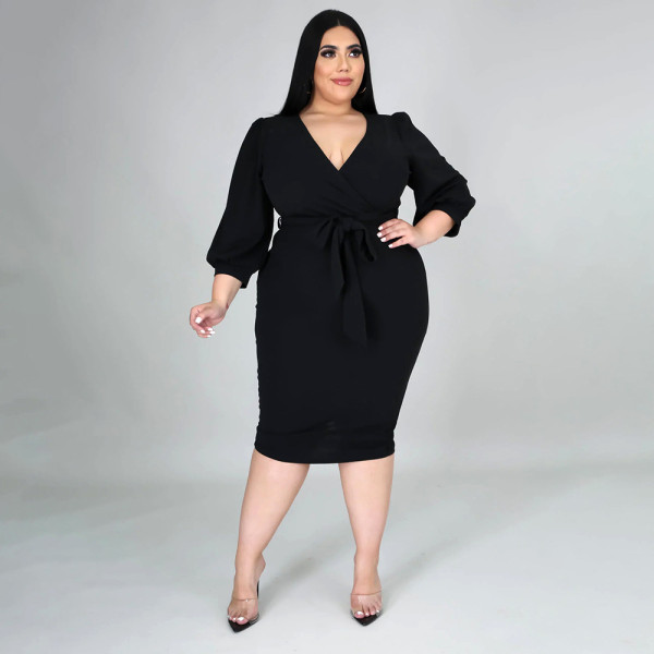 V-neck solid color mid sleeve tied dress