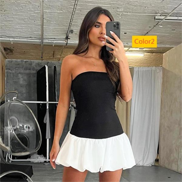 Color blocking minimalist strapless flower bud short dress