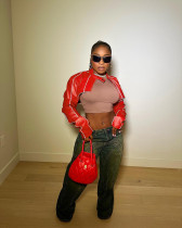 PU leather splicing line short jacket