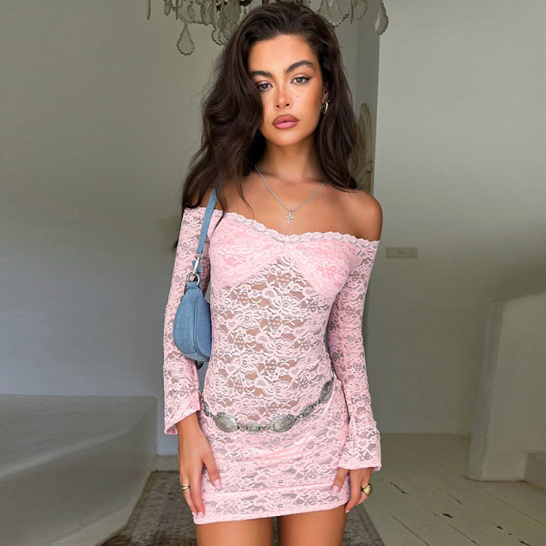 Lace see through one neck long sleeved short dress