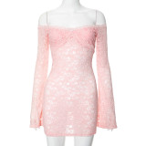 Lace see through one neck long sleeved short dress