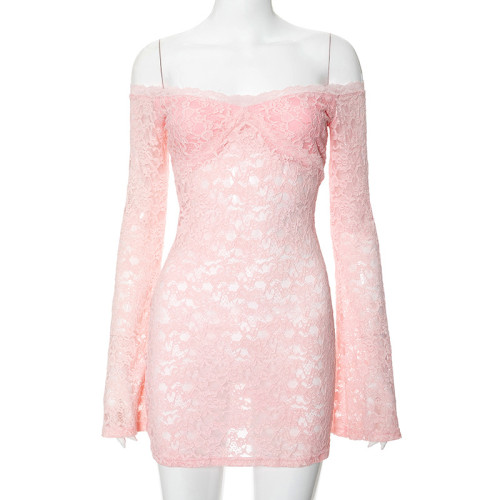 Lace see through one neck long sleeved short dress