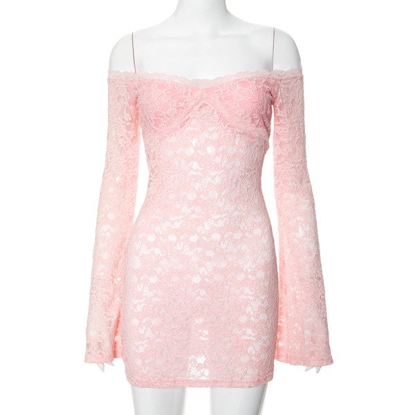 Lace see through one neck long sleeved short dress