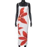 Strap flower print high waisted long dress