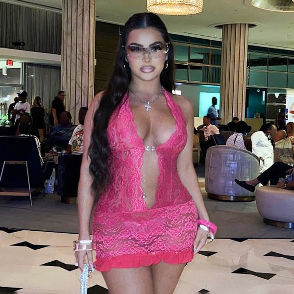 Lace Neck Hanging Deep V Hollow Strap Perspective Short Dress
