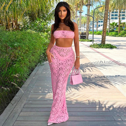 Lace camisole top high waisted see through long skirt two-piece set
