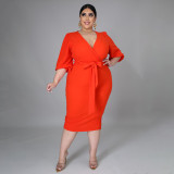 V-neck solid color mid sleeve tied dress