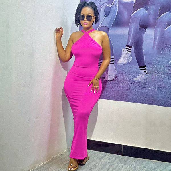 Hanging neck sleeveless high waist tight slit long dress