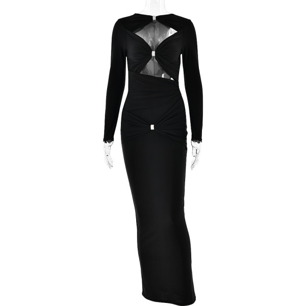 Hollow out round neck long sleeved dress