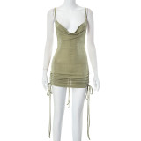 Drawstring Sleeveless Strap Swing Neck Short Dress