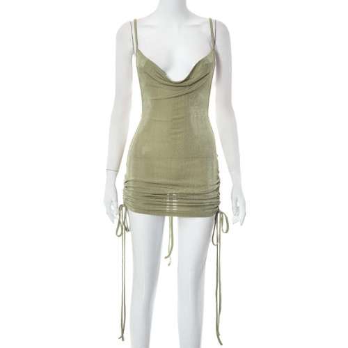Drawstring Sleeveless Strap Swing Neck Short Dress