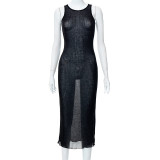 Threaded solid color round neck sleeveless slightly transparent dress