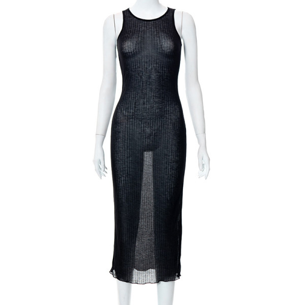 Threaded solid color round neck sleeveless slightly transparent dress