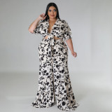 Two piece set of women's tie printed wide leg pants