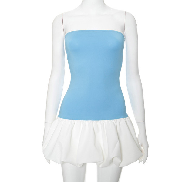 Color blocking minimalist strapless flower bud short dress