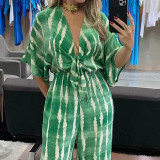 V-neck lace up loose seven quarter sleeve jumpsuit