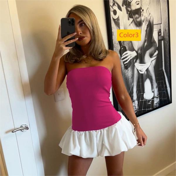 Color blocking minimalist strapless flower bud short dress