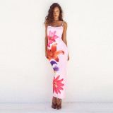 Strap flower print high waisted long dress