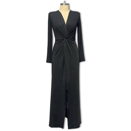 Deep V-neck pleated high slit dress