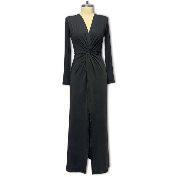 Deep V-neck pleated high slit dress