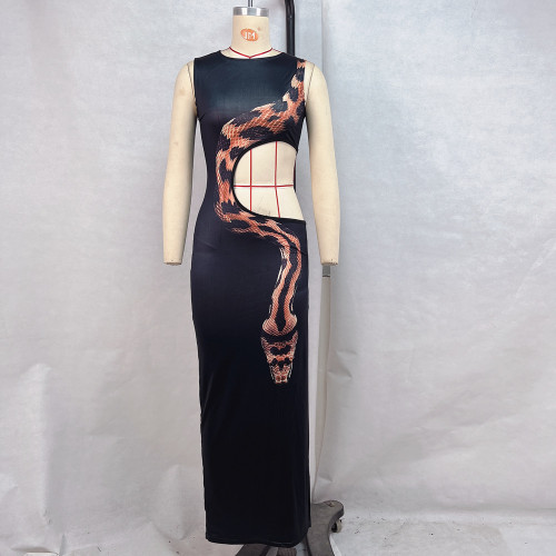 Sleeveless slit long skirt with hollowed out dress