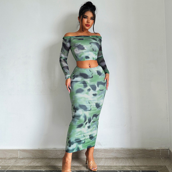 Long sleeved one neck T-shirt with hip wrapped skirt set
