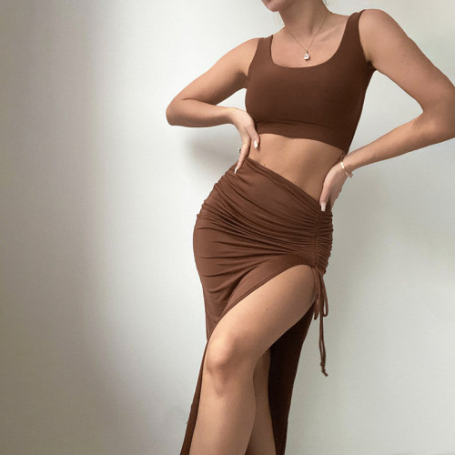U-neck strapless slim slit long skirt
