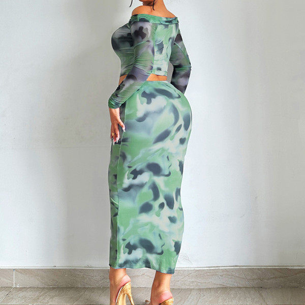 Long sleeved one neck T-shirt with hip wrapped skirt set