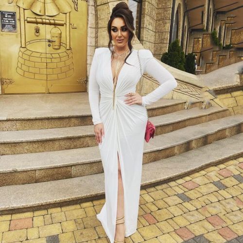 Deep V-neck pleated high slit dress