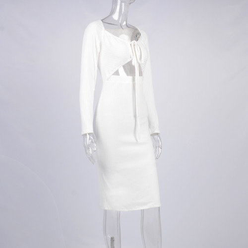 V exposed navel long sleeved split hip dress