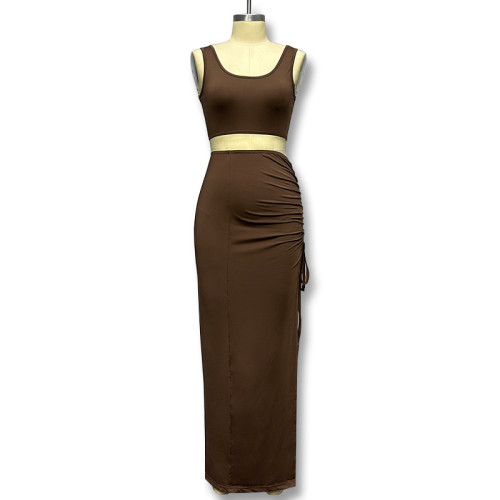 U-neck strapless slim slit long skirt