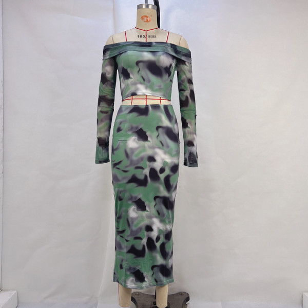Long sleeved one neck T-shirt with hip wrapped skirt set