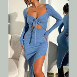 V exposed navel long sleeved split hip dress