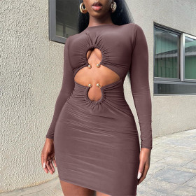 Tight loop long sleeved detail hollowed out dress