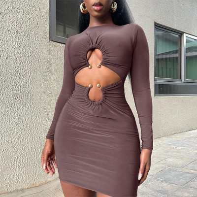 Tight loop long sleeved detail hollowed out dress
