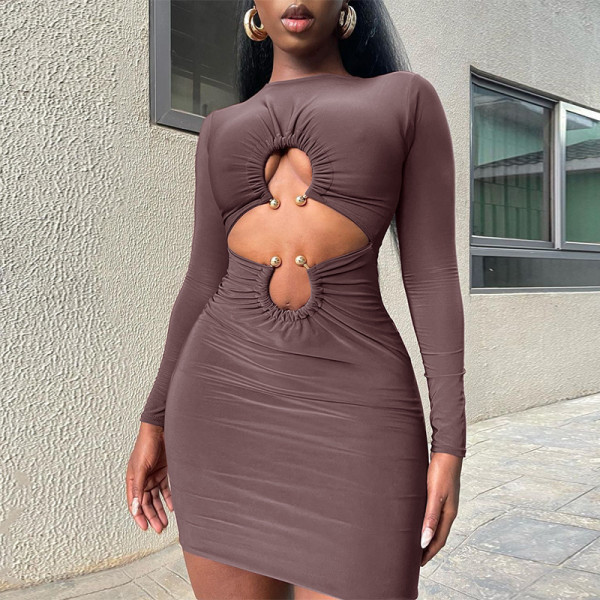 Tight loop long sleeved detail hollowed out dress