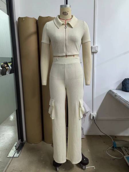 Zipper top, multi pocket pants, solid color set
