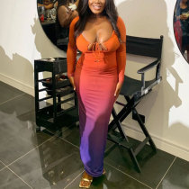 Deep V-dress gradient backless long hip hugging skirt