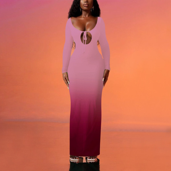 Deep V-dress gradient backless long hip hugging skirt