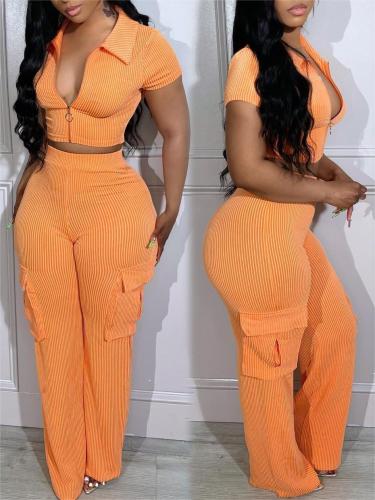 Zipper top, multi pocket pants, solid color set
