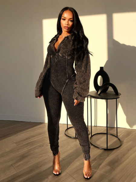 Deep V-tight long sleeved jumpsuit