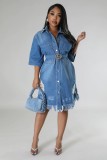 Washed loose short sleeved long dress with holes