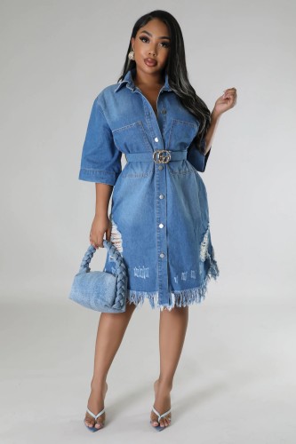 Washed loose short sleeved long dress with holes