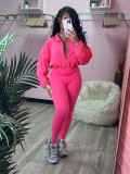 Zipper elastic buckle waist down shoulder sleeve two-piece set