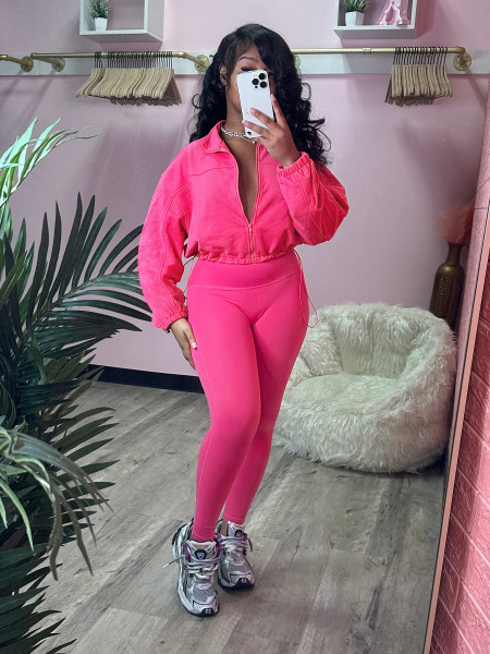 Zipper elastic buckle waist down shoulder sleeve two-piece set