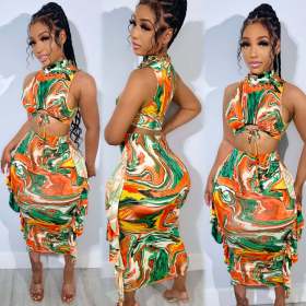 Printed sleeveless headband tied mid length skirt two-piece set