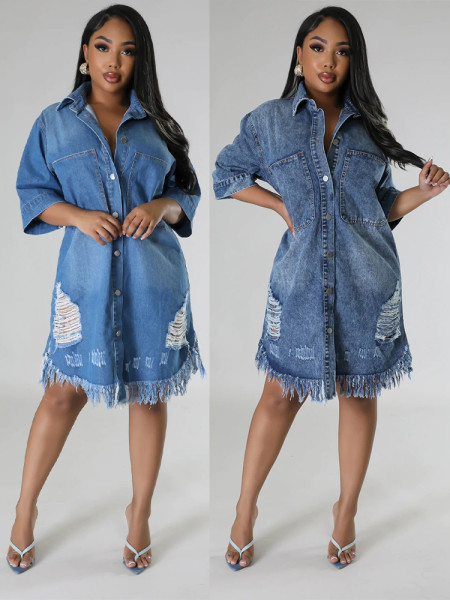 Washed loose short sleeved long dress with holes