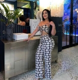 Printed strap hollow suspender wide leg pants two-piece set